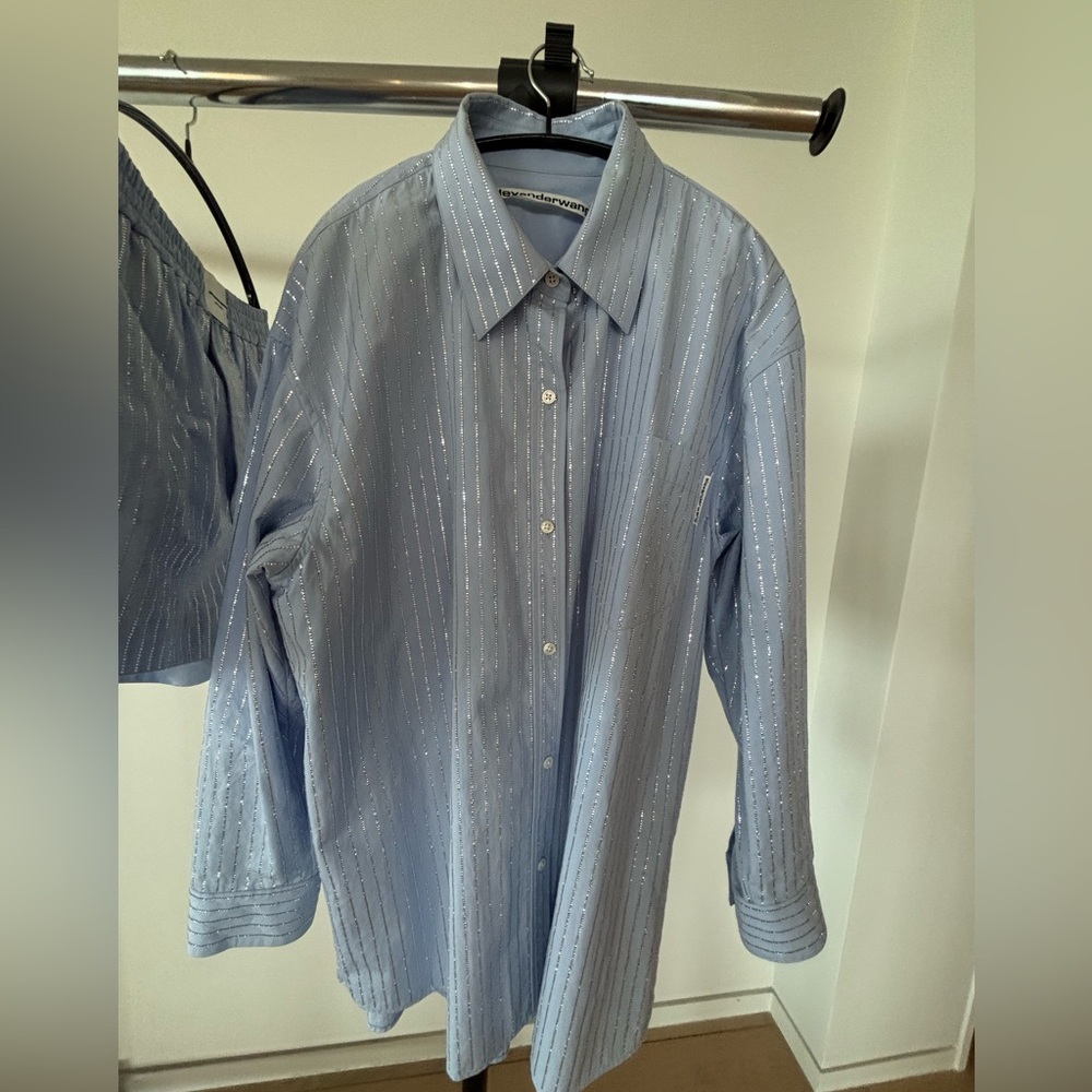 Alexander Wang Light Blue Metallic-Striped Button-Down SET